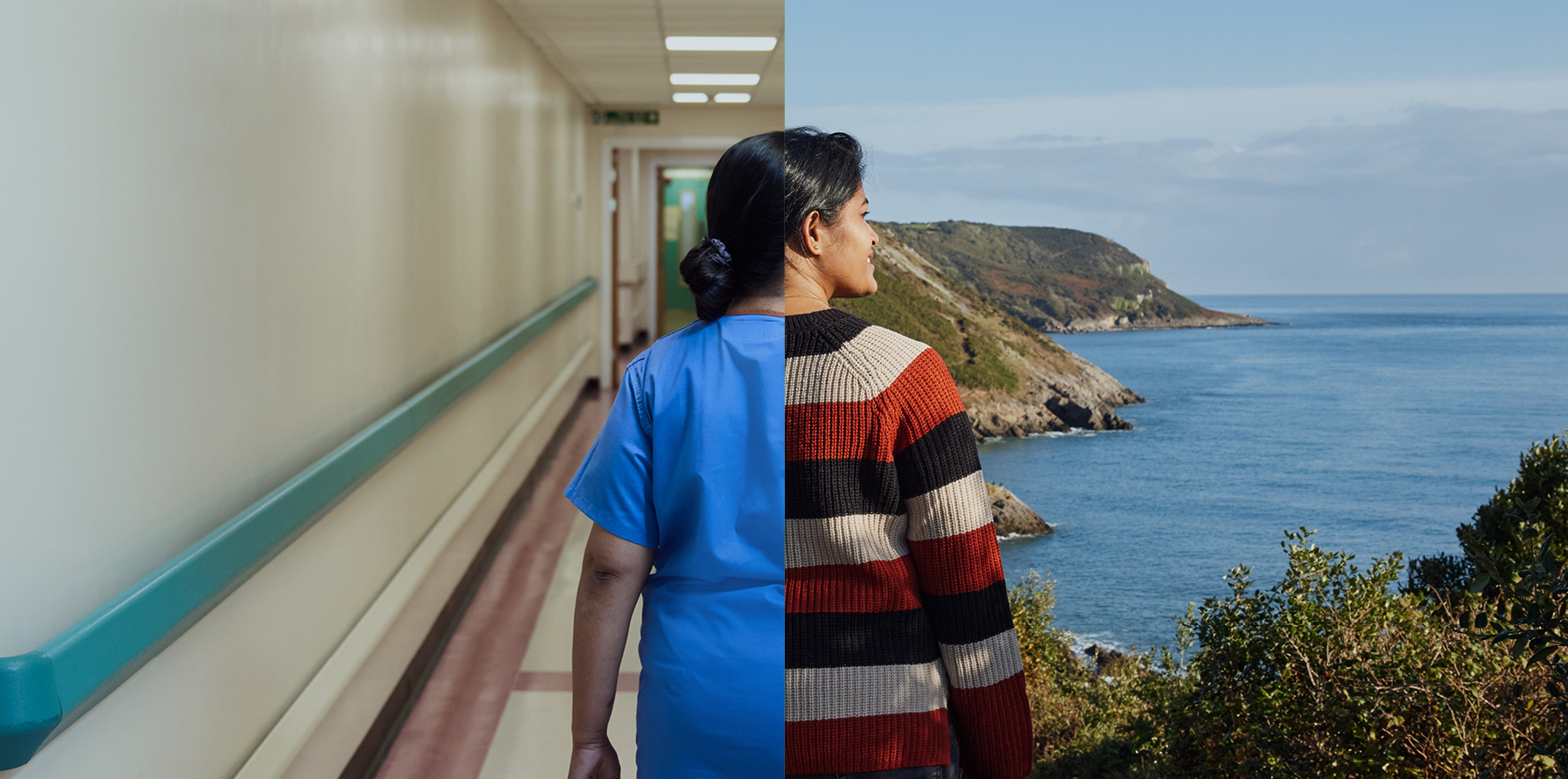 Split image, woman in a nurses uniform walking down a hospital corridor on the left, with the same woman on right looking out to ocean and hills